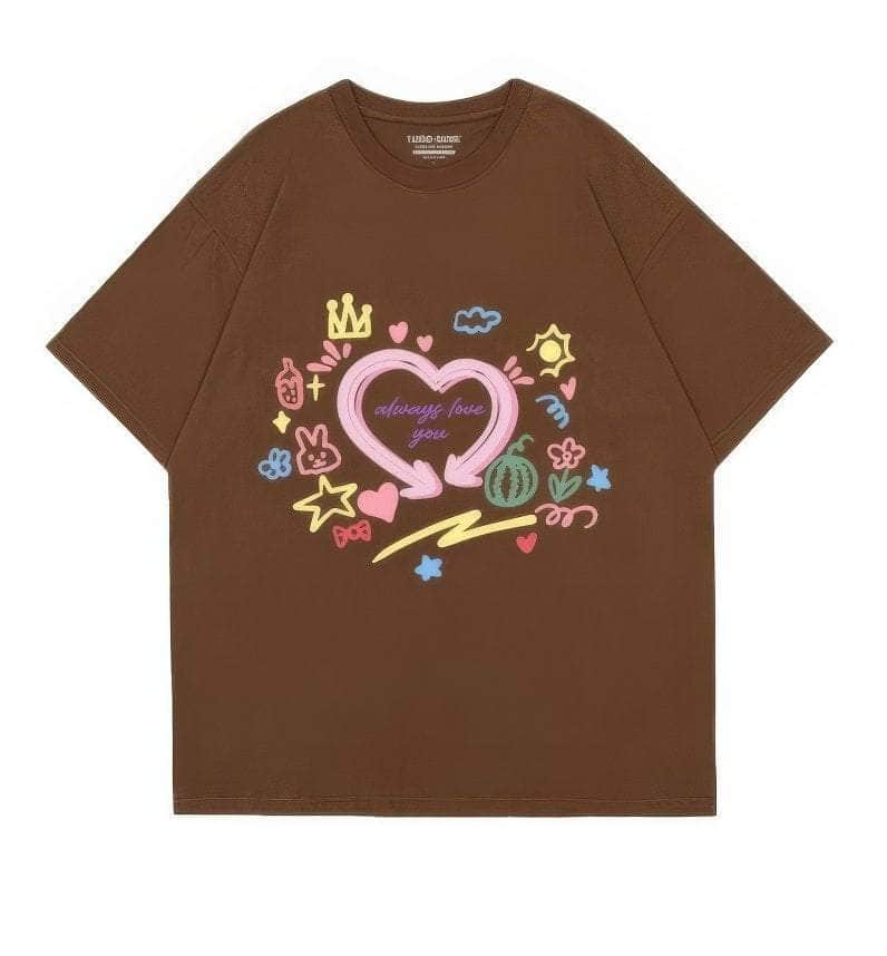 Hand-Drawn Design Loose Fit Graphic Tee US 4 / Brown