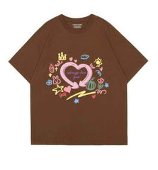 Hand-Drawn Design Loose Fit Graphic Tee US 4 / Brown