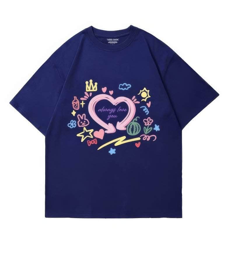 Hand-Drawn Design Loose Fit Graphic Tee US 4 / Navy