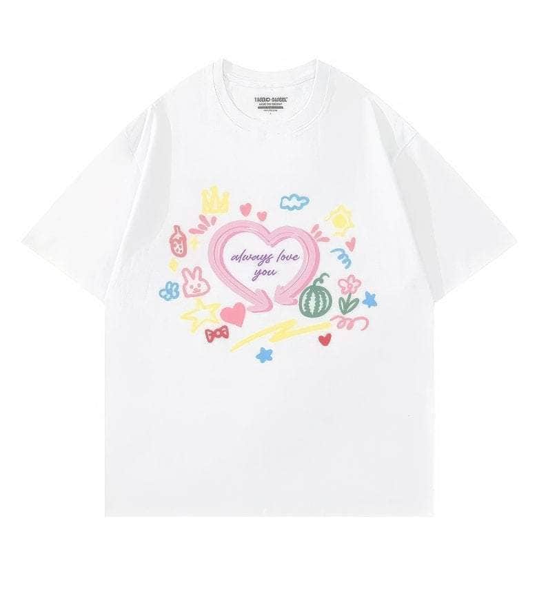 Hand-Drawn Design Loose Fit Graphic Tee US 4 / White
