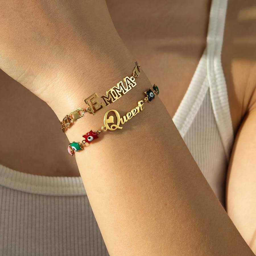 Handmade Stainless Steel Bracelet: Personalized Name with Oil Blue Eyes Letter Charm