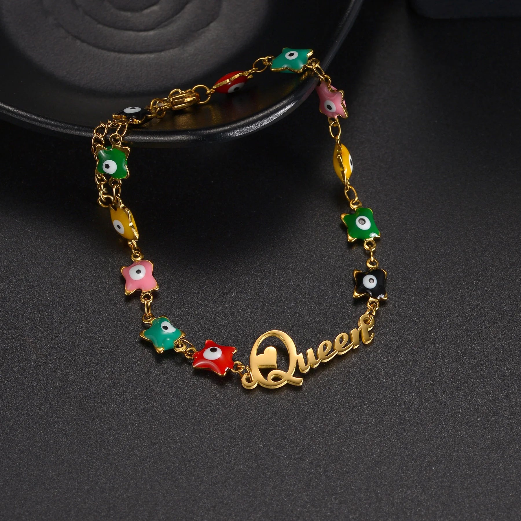 Handmade Stainless Steel Bracelet: Personalized Name with Oil Blue Eyes Letter Charm