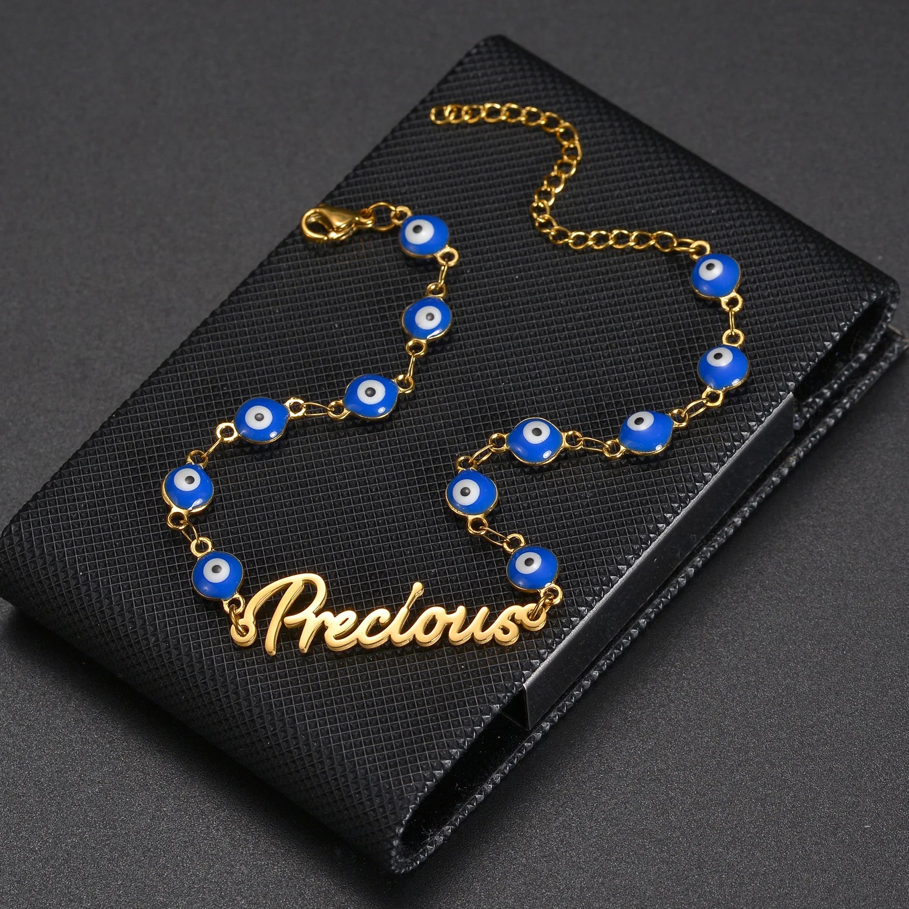 Handmade Stainless Steel Bracelet: Personalized Name with Oil Blue Eyes Letter Charm Blue Eyes chain / 9cm / gold color