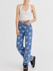 Heart Pattern High-Waist Wide Leg Jeans