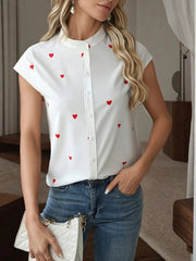Heart Print Cap Sleeve Button-Up Shirt