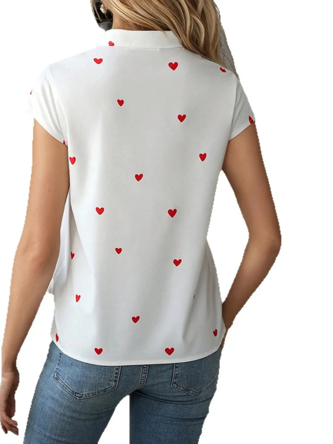 Heart Print Cap Sleeve Button-Up Shirt