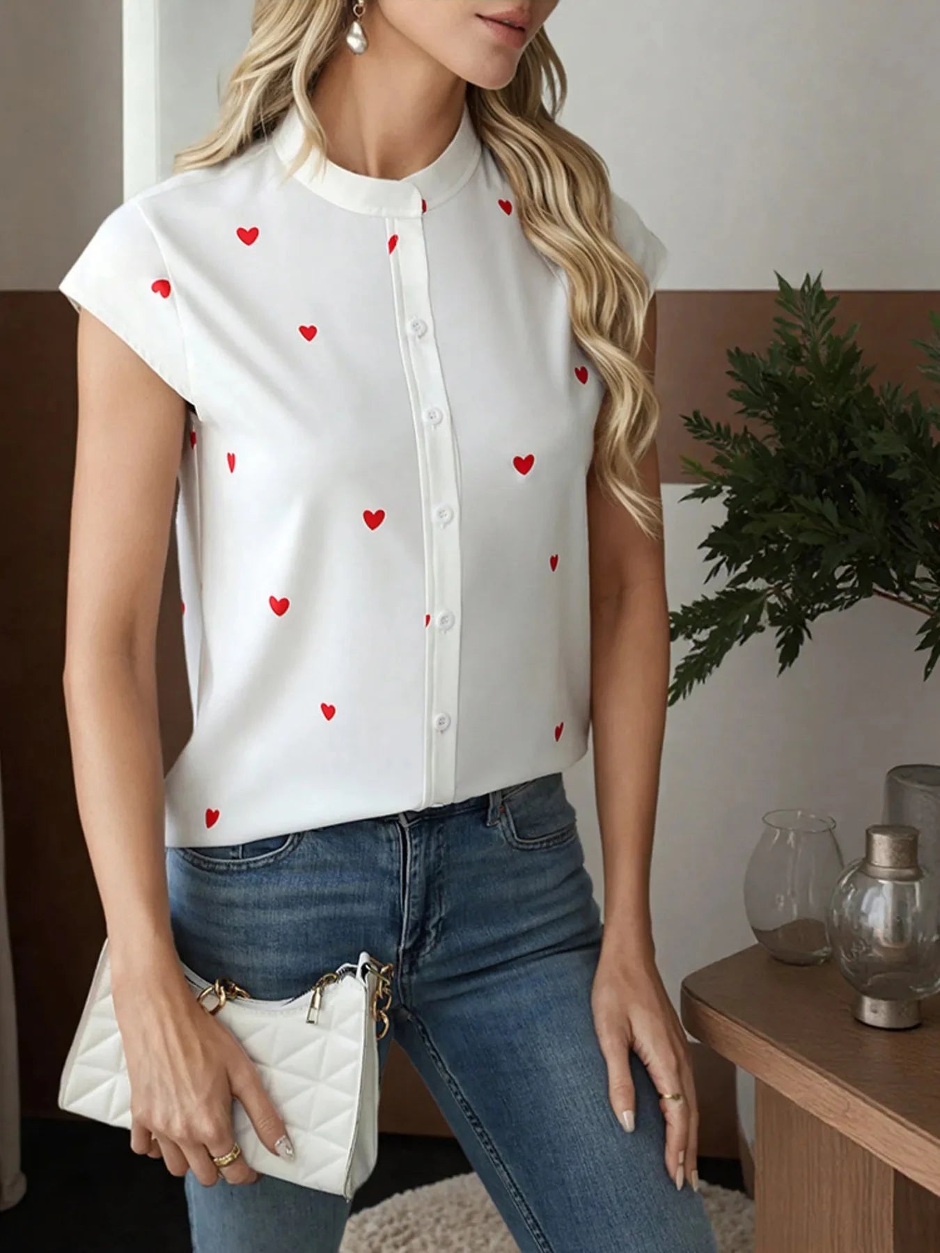 Heart Print Cap Sleeve Button-Up Shirt