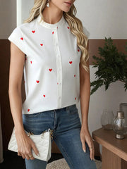 Heart Print Cap Sleeve Button-Up Shirt