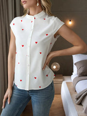 Heart Print Cap Sleeve Button-Up Shirt White / S