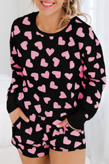 Heart Print Long Sleeve Top and Shorts Lounge Set Black / S