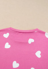 Heart Round Neck Long Sleeve Top and Elastic Waist Shorts Set