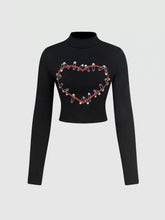 Heart Safety Pin Long Sleeve Crop T-Shirt Black / S