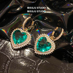 Heart Shaped Paved Crystal Emerald Hoop Earrings Green
