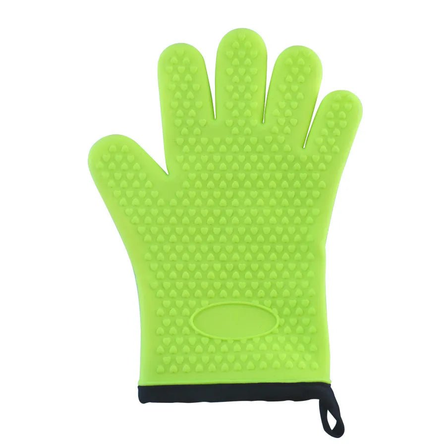 Heat-resistant silicone grilling gloves with lanyard: non-slip for BBQ 1Pcs Green