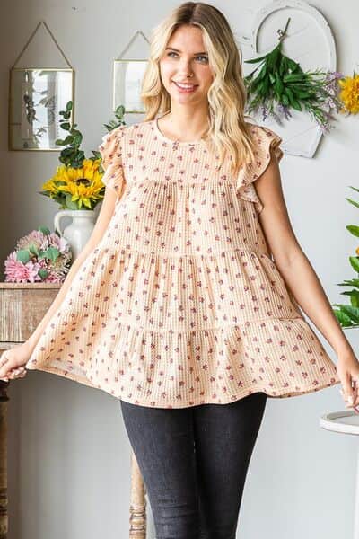Heimish Full Size Butterfly Short Sleeve Round Neck Ditsy Floral Print Tiered Top Plus Size
