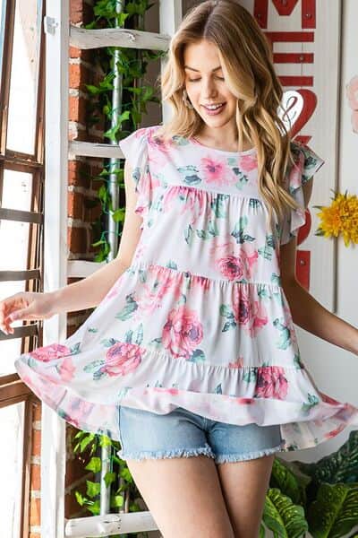 Heimish Full Size Butterfly Short Sleeve Round Neck Floral Print Tiered Top Plus Size Cream / S