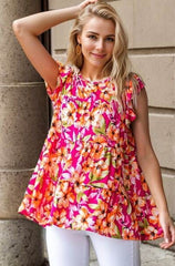 Heimish Full Size Butterfly Sleeve Floral Tiered Top Plus Size Fuchsia Multi / L