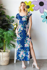 Heimish Full Size Floral Short Sleeve Slit Dress Navy Multi / S