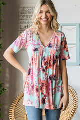 Heimish Full Size Floral V-Neck Short Sleeve Babydoll Blouse MINT / S