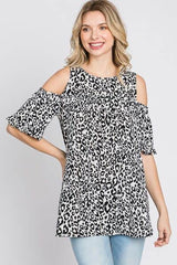Heimish Full Size Leopard Round Neck Cold Shoulder T-Shirt Plus Size
