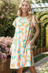 Heimish Full Size Ruffled Short Sleeve Floral Mini Dress Plus Size Orange / S