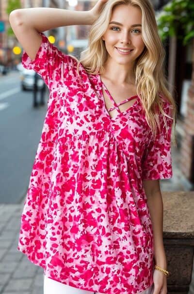 Heimish Full Size Short Sleeve Crisscross Animal Babydoll Top Plus Size Hot Pink / M
