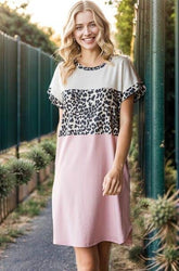 Heimish Full Size Solid Color Block and Animal Mini Dress Plus Size Dusty Pink / 3XL