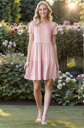 Heimish Full Size Solid Mini Tiered Dress with Pompom Lace Plus Size Dusty Rose / 3XL