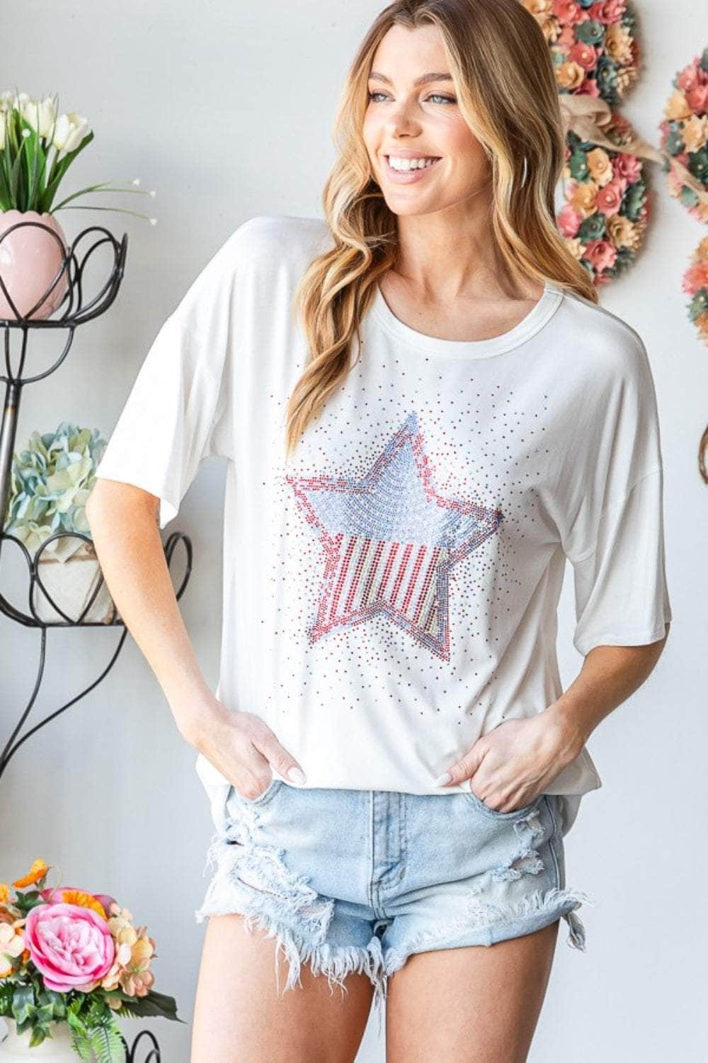 Heimish Full Size Star Patch Short Sleeve T-Shirt Ivory / S