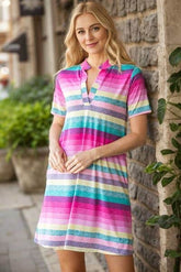 Heimish Full Size Striped Short Sleeve Mini Tee Dress Plus Size Pink Multi / 2XL