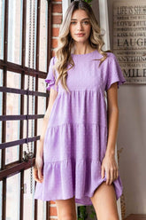 Heimish Full Size Swiss Dot Short Sleeve Tiered Dress LILAC / S