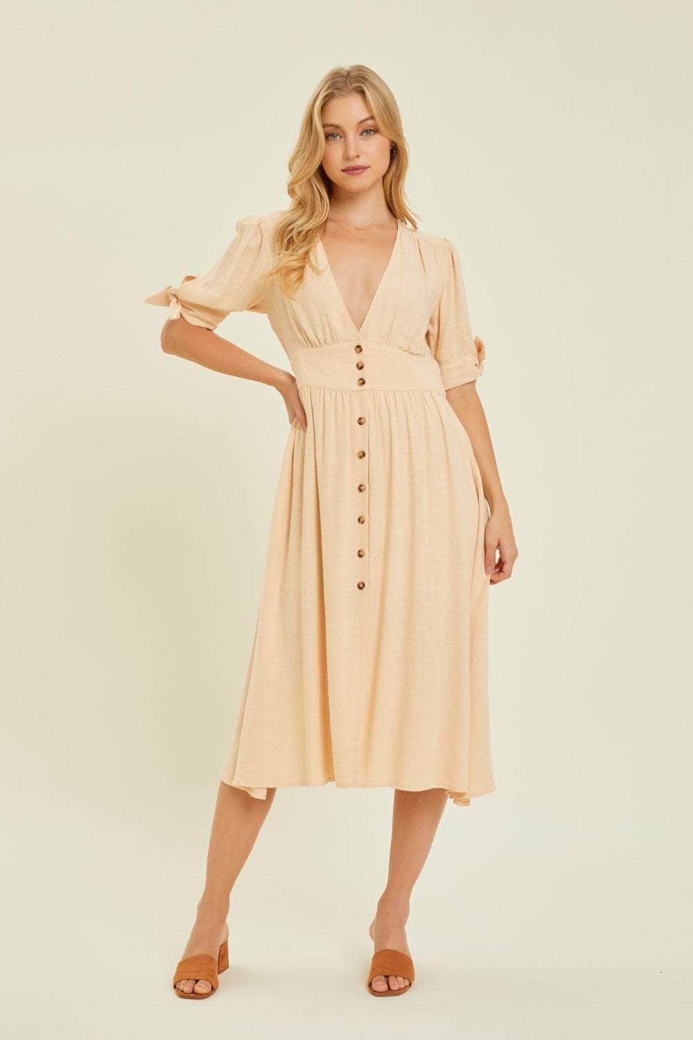 HEYSON Full Size Textured Linen V-Neck Button-Down Midi Dress Cream / S