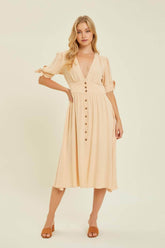 HEYSON Full Size Textured Linen V-Neck Button-Down Midi Dress Cream / S