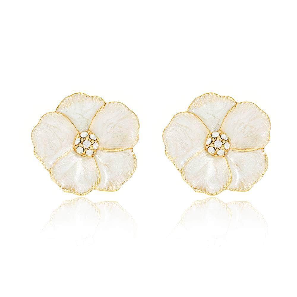 Hibiscus Shaped Rhinestone Decor Statement Earrings White / Clip On