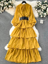 High Collared Lantern Sleeves Pleated Tiered Maxi Dress MAX SIZE / Yellow