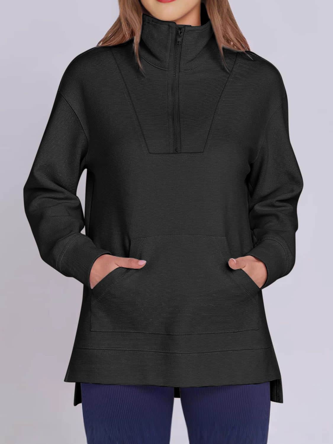 ฺHigh-Low Quarter Zip Long Sleeve Sweatshirt Black / S