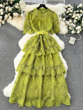 High Neck Floral Crotchet Lace Tiered Hem Dress MAX SIZE / YellowGreen / With Belt