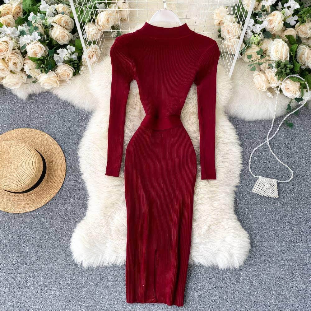High Neck Knitted Sweater Slim Fit Dress