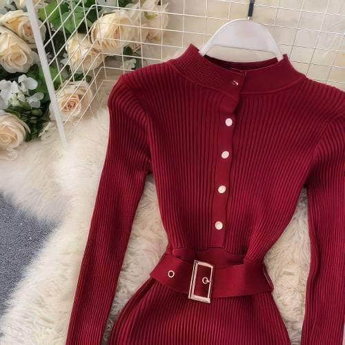 High Neck Knitted Sweater Slim Fit Dress