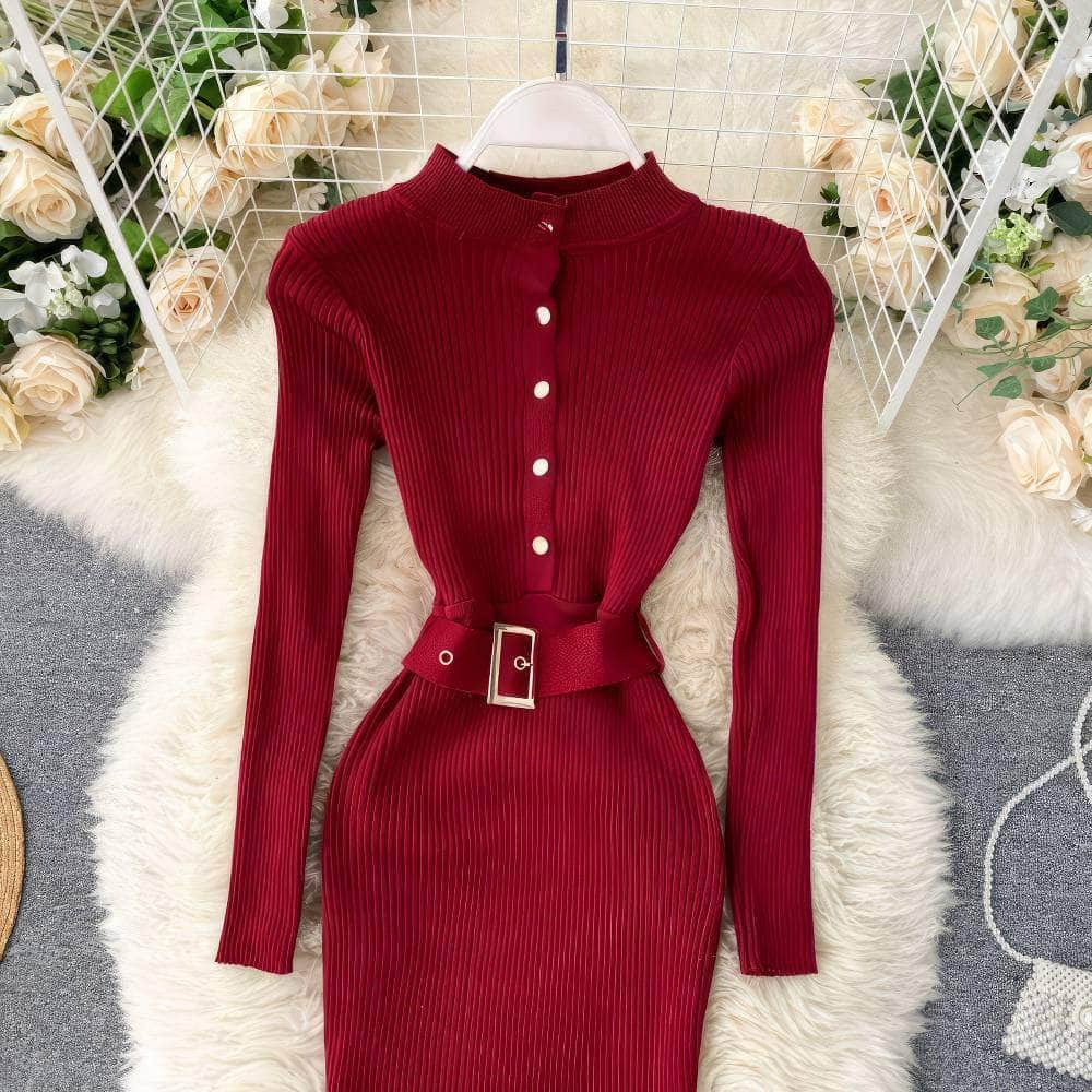 High Neck Knitted Sweater Slim Fit Dress