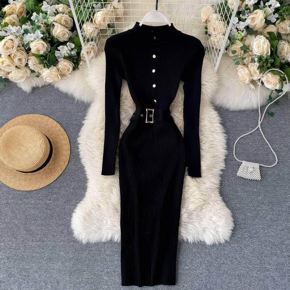 High Neck Knitted Sweater Slim Fit Dress MAX SIZE / Black
