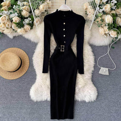 High Neck Knitted Sweater Slim Fit Dress MAX SIZE / Black