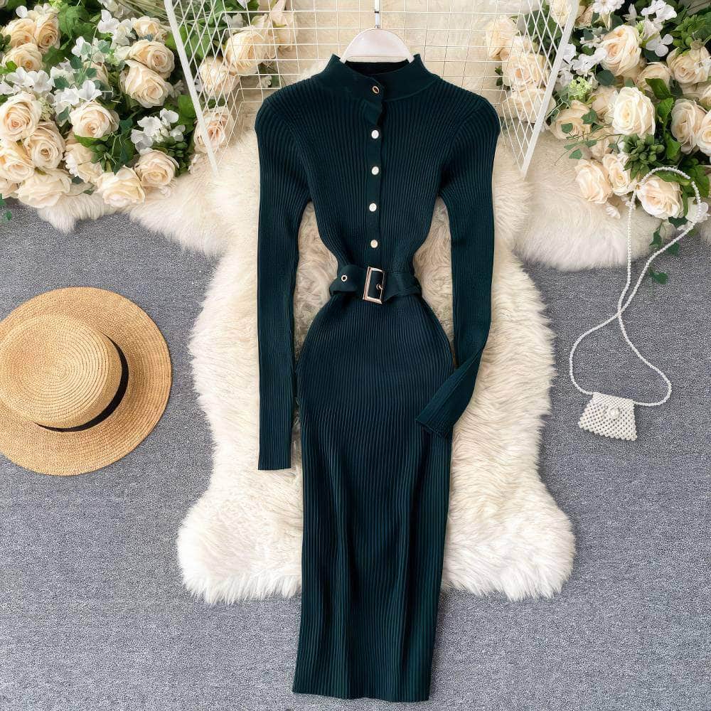 High Neck Knitted Sweater Slim Fit Dress MAX SIZE / Green