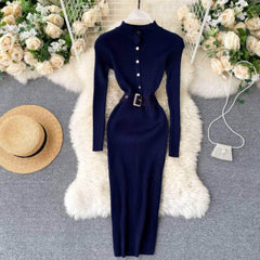 High Neck Knitted Sweater Slim Fit Dress MAX SIZE / Navy