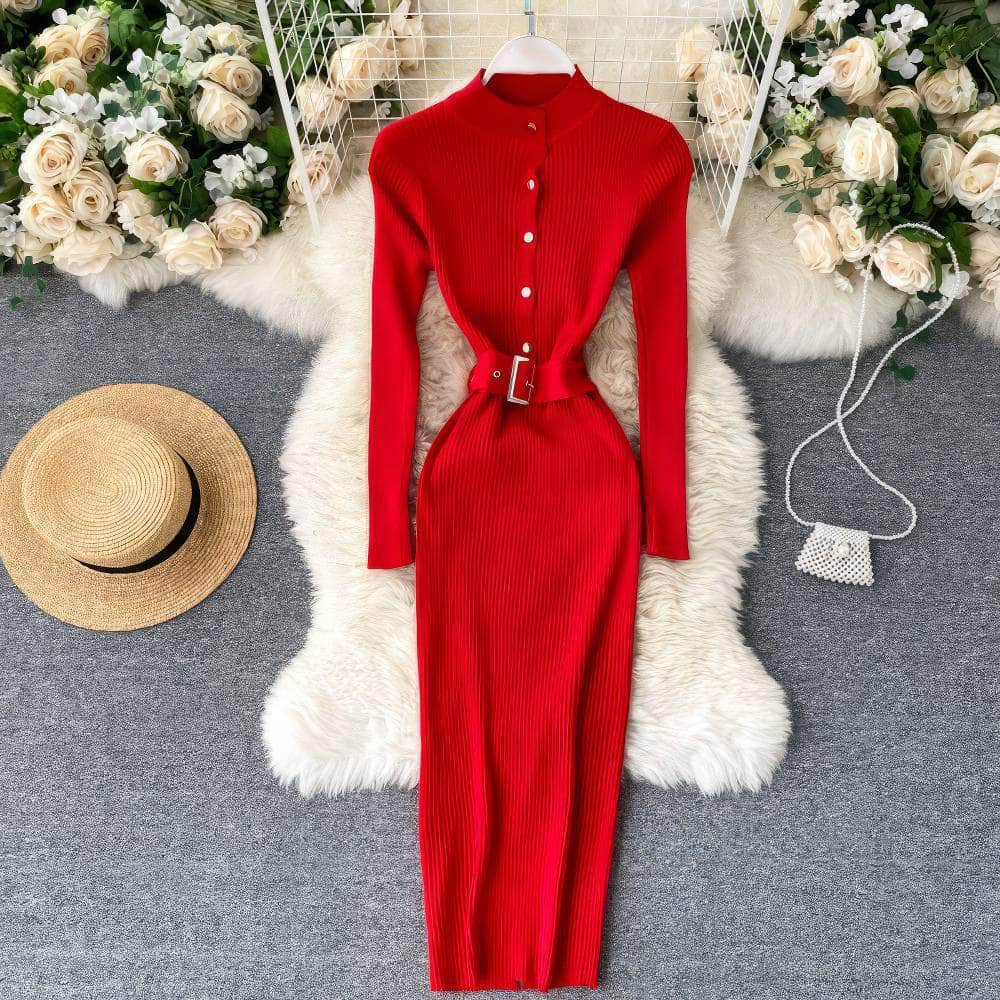High Neck Knitted Sweater Slim Fit Dress MAX SIZE / Red