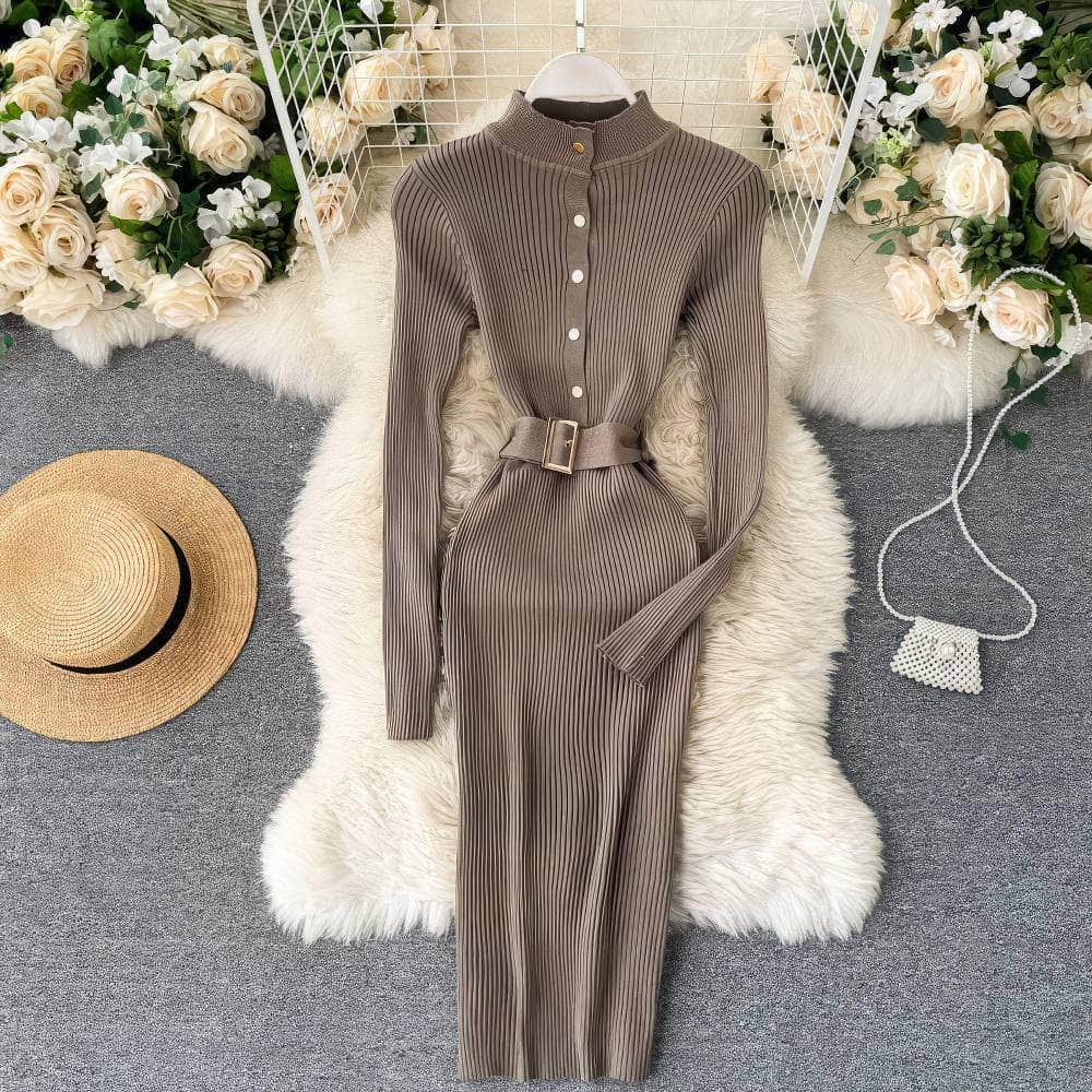 High Neck Knitted Sweater Slim Fit Dress MAX SIZE / Tan