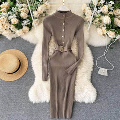High Neck Knitted Sweater Slim Fit Dress MAX SIZE / Tan