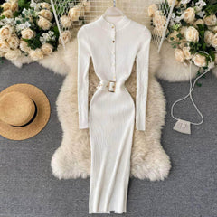 High Neck Knitted Sweater Slim Fit Dress MAX SIZE / White