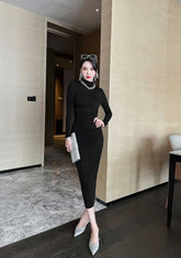High Neck Long Sleeve Bodycon Midi Dress S / Black