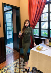 High Neck Long Sleeves Pleated Bodycon Dress
